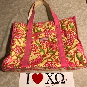 Lilly Pulitzer pink and yellow Chi Omega L tote.